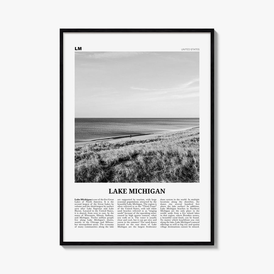 Lake Michigan black & white newspaper poster of United States – vertical wall art, unframed print shown in interior mockup