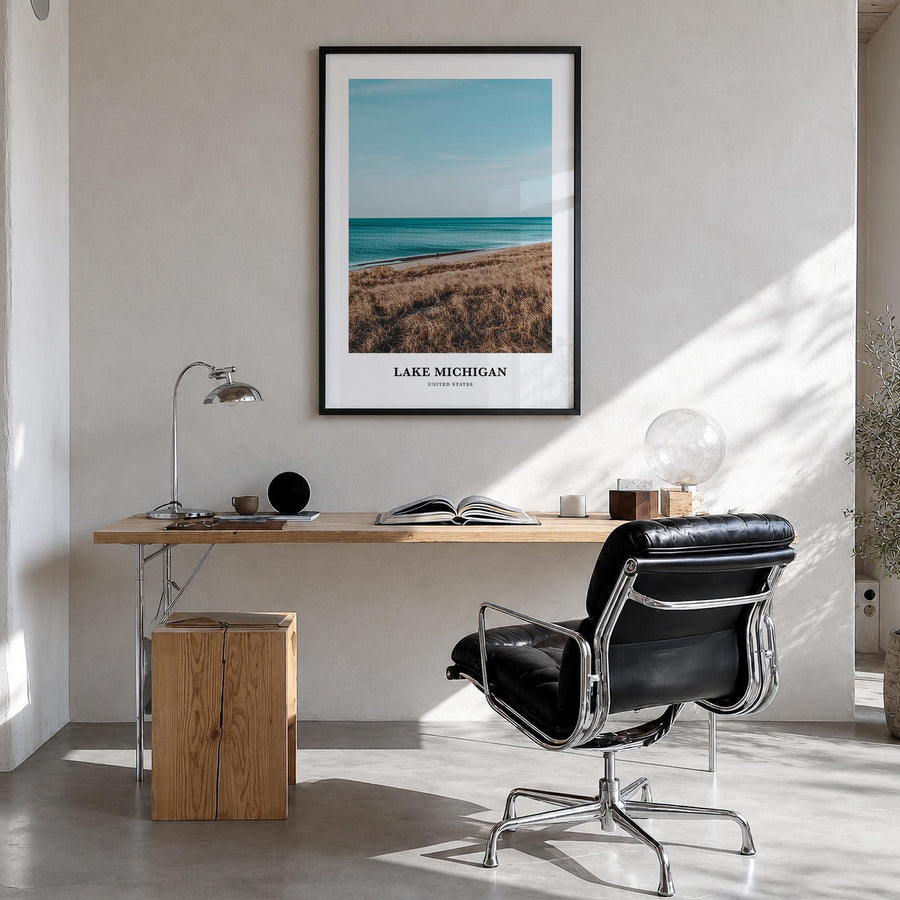 Lake Michigan colorful classic poster of United States – vertical wall art in black wood frame, hanging on wall