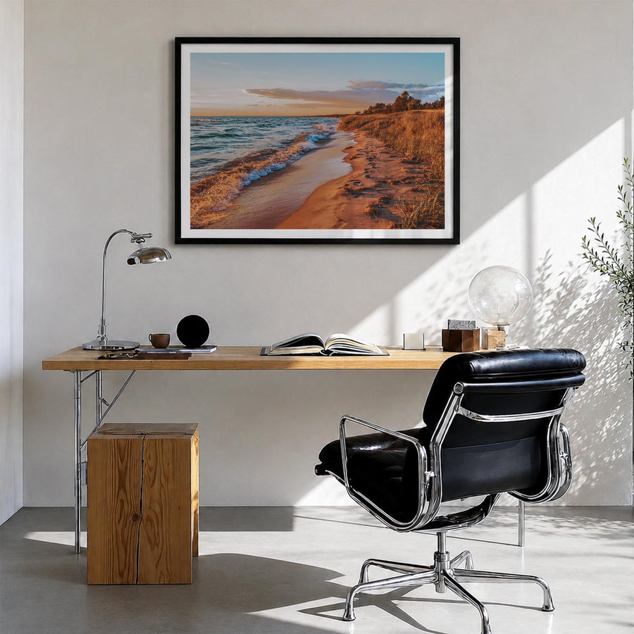 Lake Michigan colorful photo poster of United States – horizontal wall art in black wood frame with white border, hanging on 