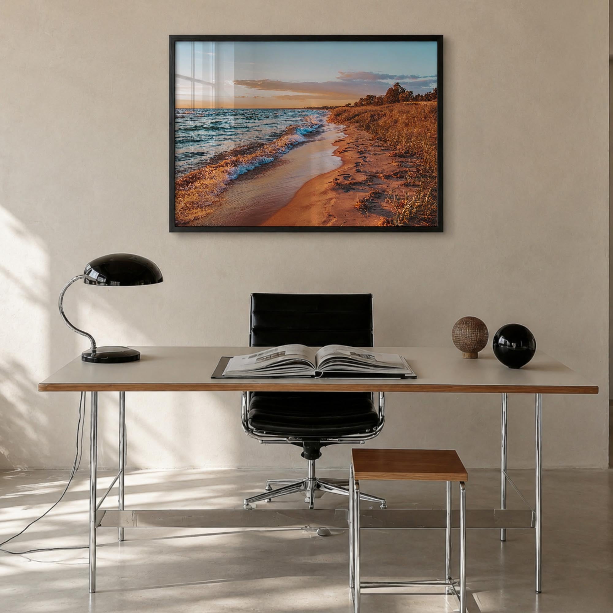 Lake Michigan colorful photo poster of United States – horizontal wall art in black wood frame, hanging on wall