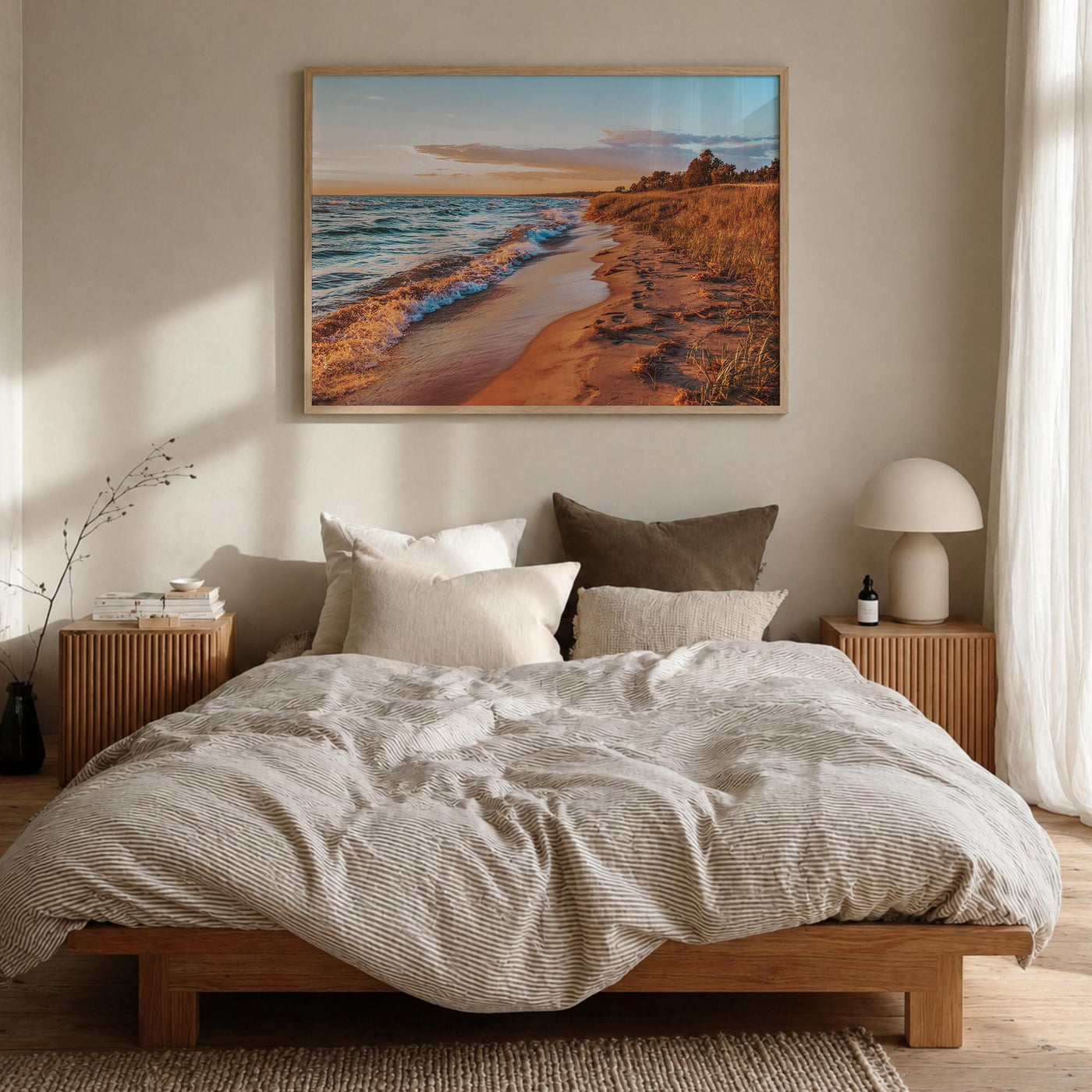 Lake Michigan colorful photo poster of United States – horizontal wall art in natural wood frame, hanging on wall