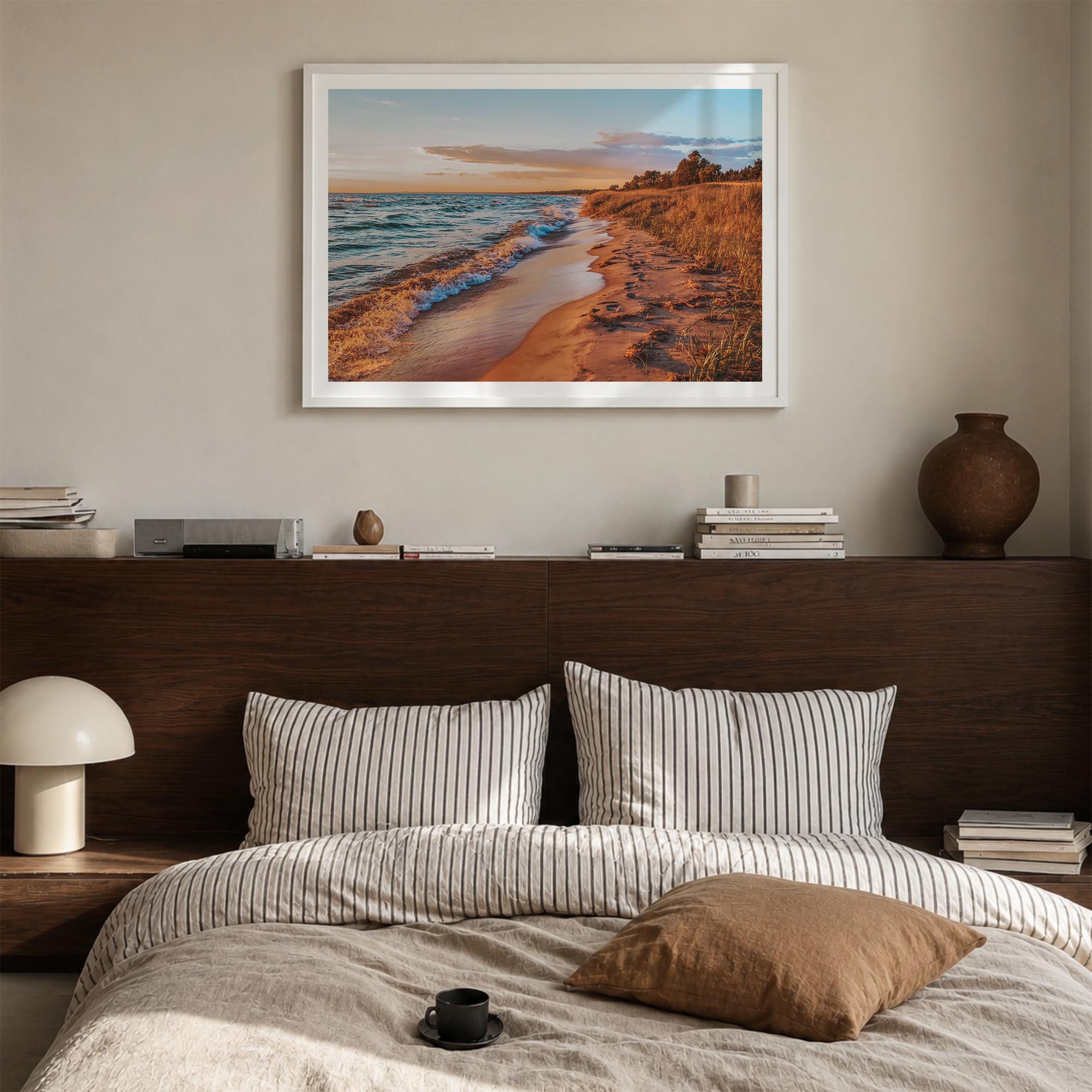 Lake Michigan colorful photo poster of United States – horizontal wall art in white wood frame with white border, hanging on 