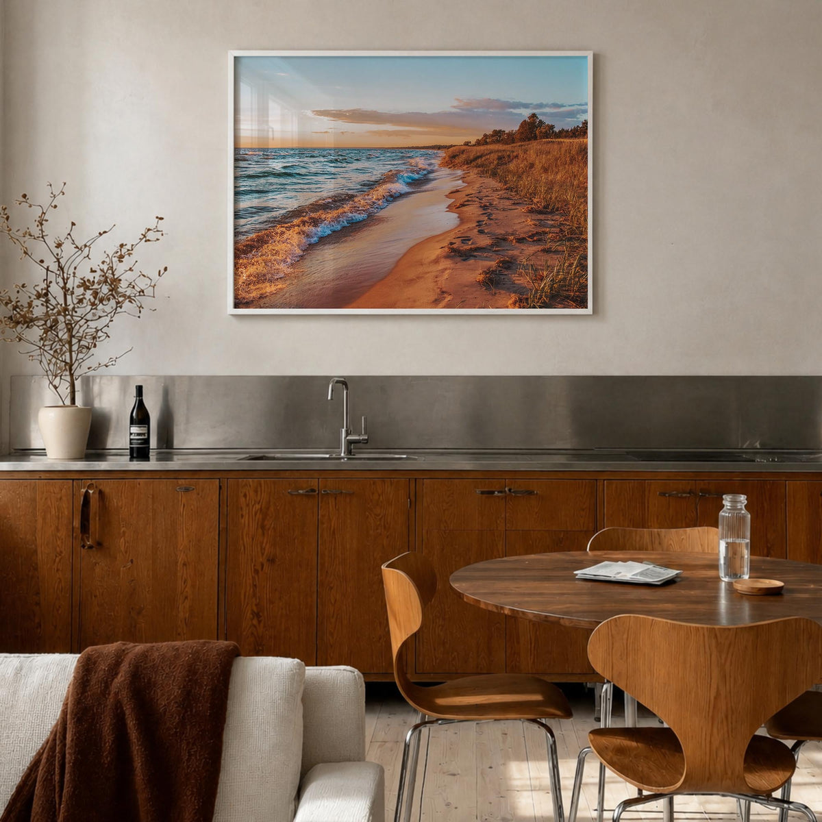 Lake Michigan colorful photo poster of United States – horizontal wall art in white wood frame, hanging on wall