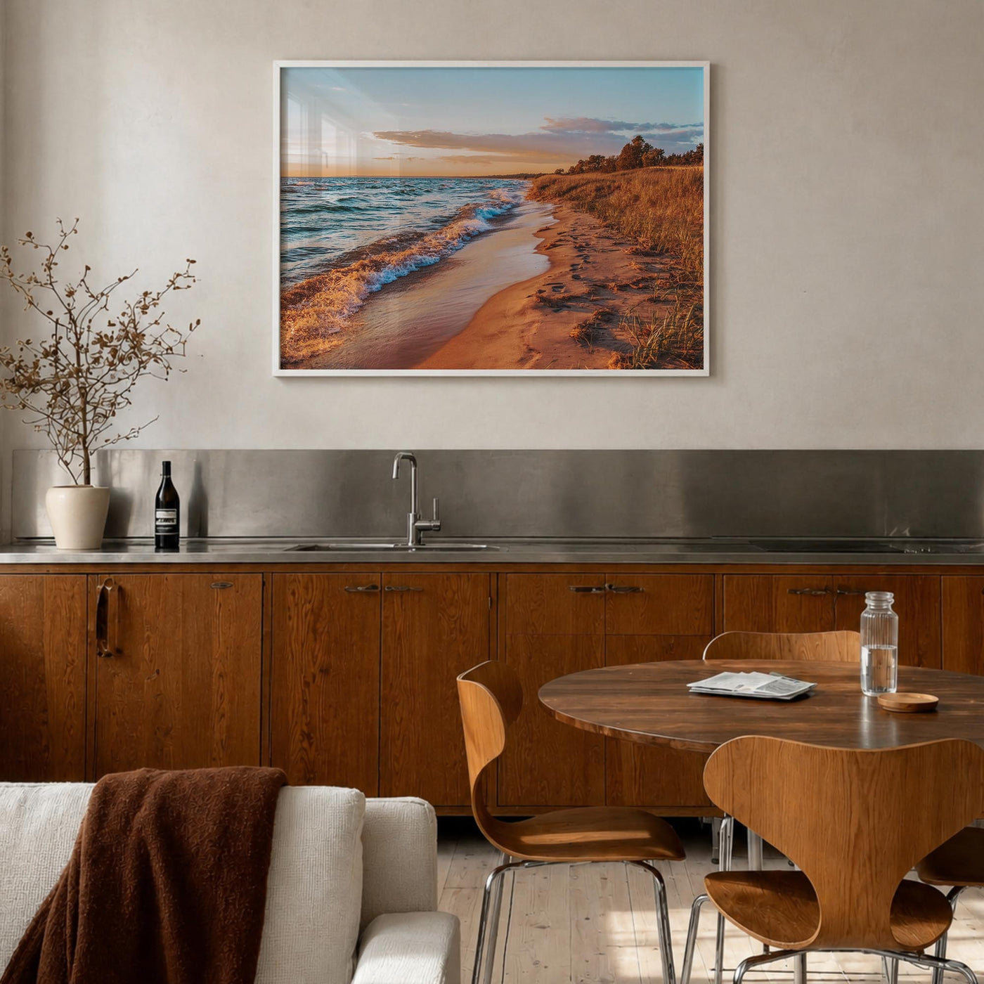 Lake Michigan colorful photo poster of United States – horizontal wall art in white wood frame, hanging on wall