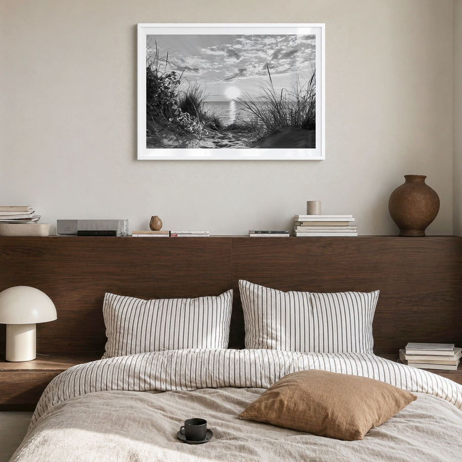 Lake Michigan Photo Poster in a white wood frame, hanging in a bedroom, white border