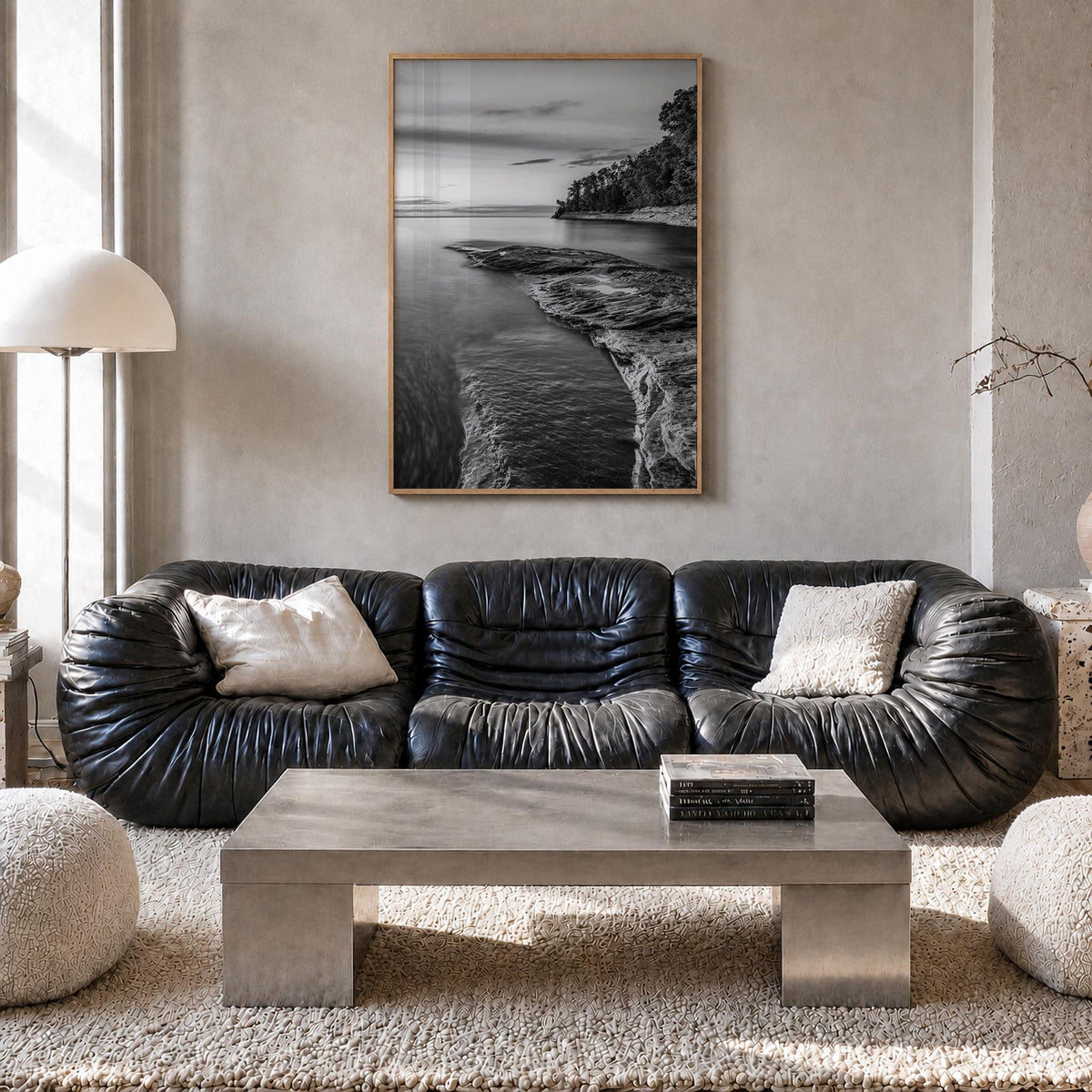 Lake Michigan no. 1 black & white photo poster of United States – vertical wall art in natural wood frame, hanging on wall
