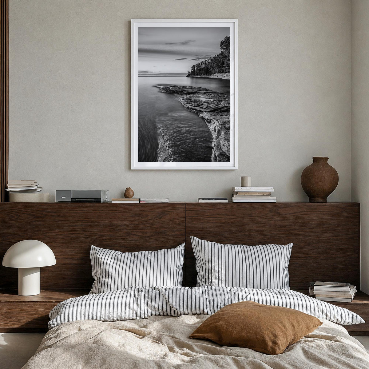 Lake Michigan no. 1 black & white photo poster of United States – vertical wall art in white wood frame with white border, ha