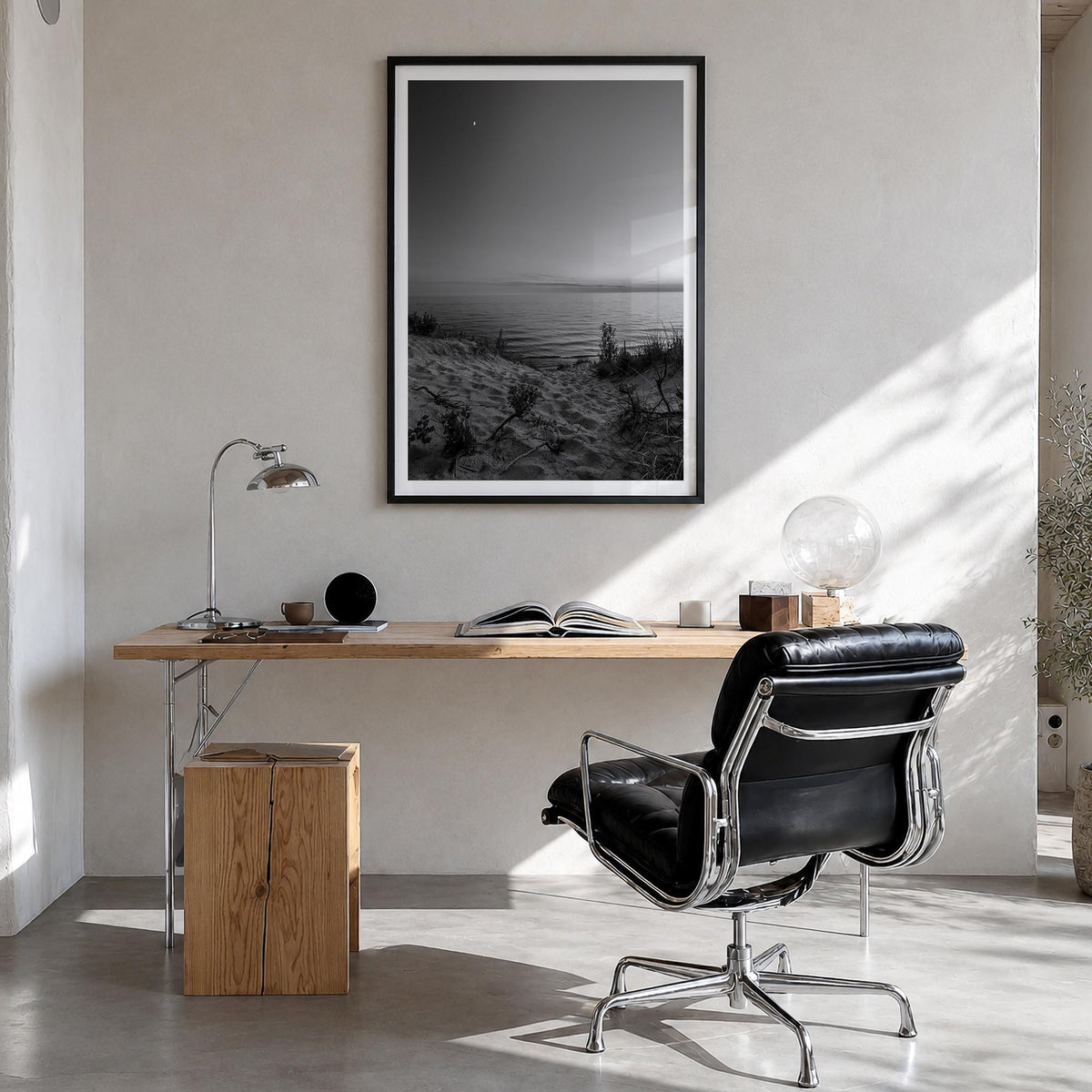 Lake Michigan no. 3 black & white photo poster of United States – vertical wall art in black wood frame with white border, ha