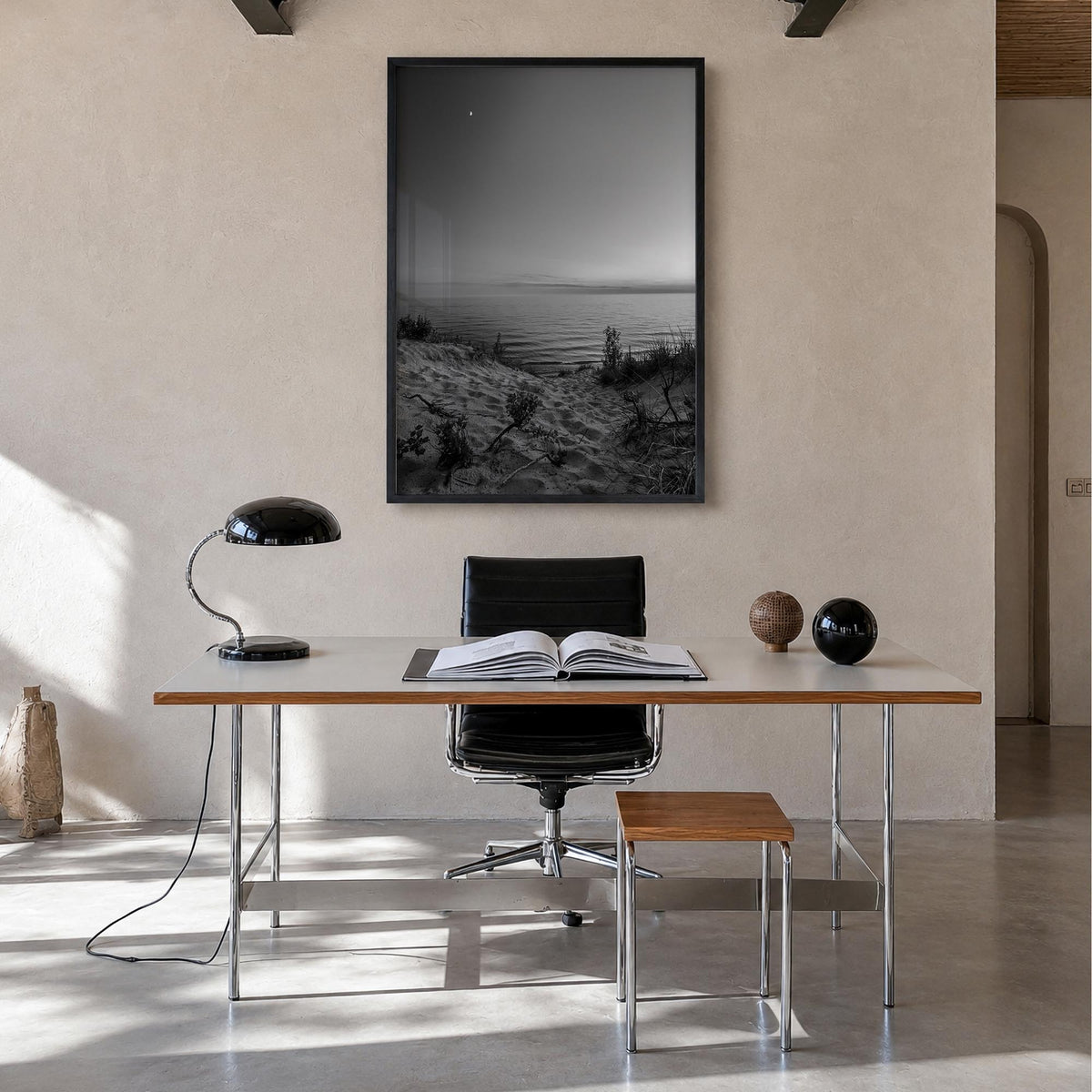 Lake Michigan no. 3 black & white photo poster of United States – vertical wall art in black wood frame, hanging on wall