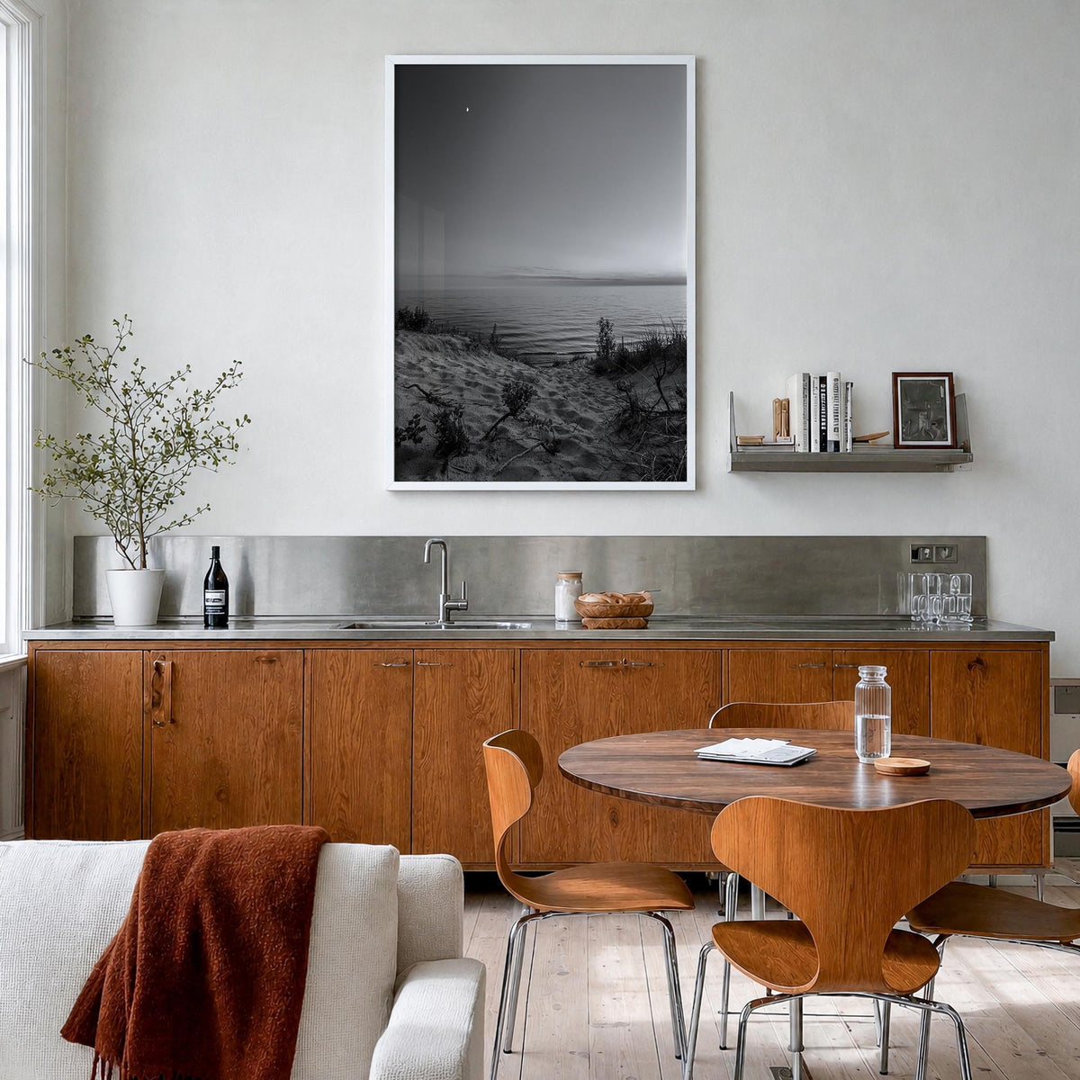 Lake Michigan no. 3 black & white photo poster of United States – vertical wall art in white wood frame, hanging on wall