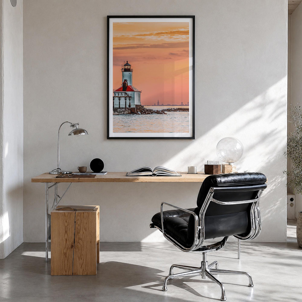 Lake Michigan no. 3 colorful photo poster of United States – vertical wall art in black wood frame with white border, hanging