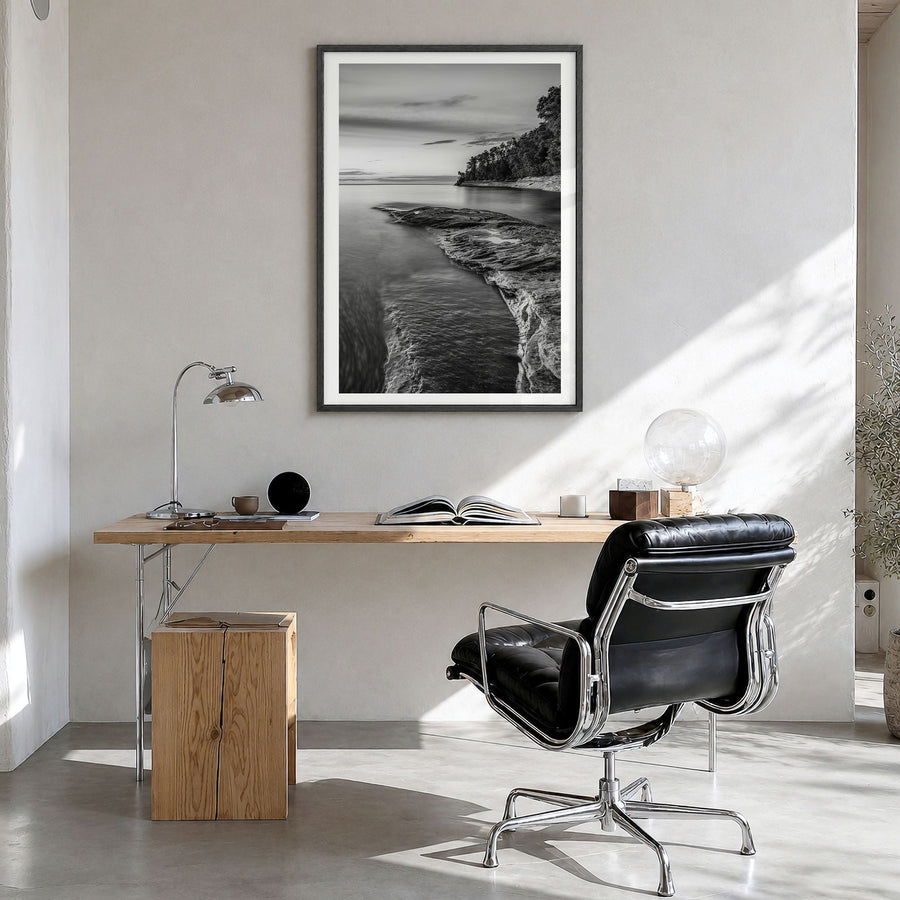 Lake Michigan Photo No 1 Poster in a black wood frame, hanging in a bright home office, white border