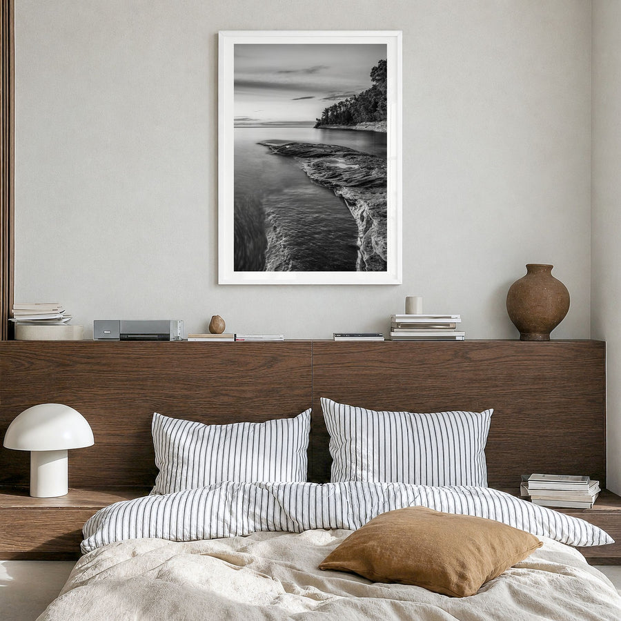 Lake Michigan Photo No 1 Poster in a white wood frame, hanging in a bedroom, white border