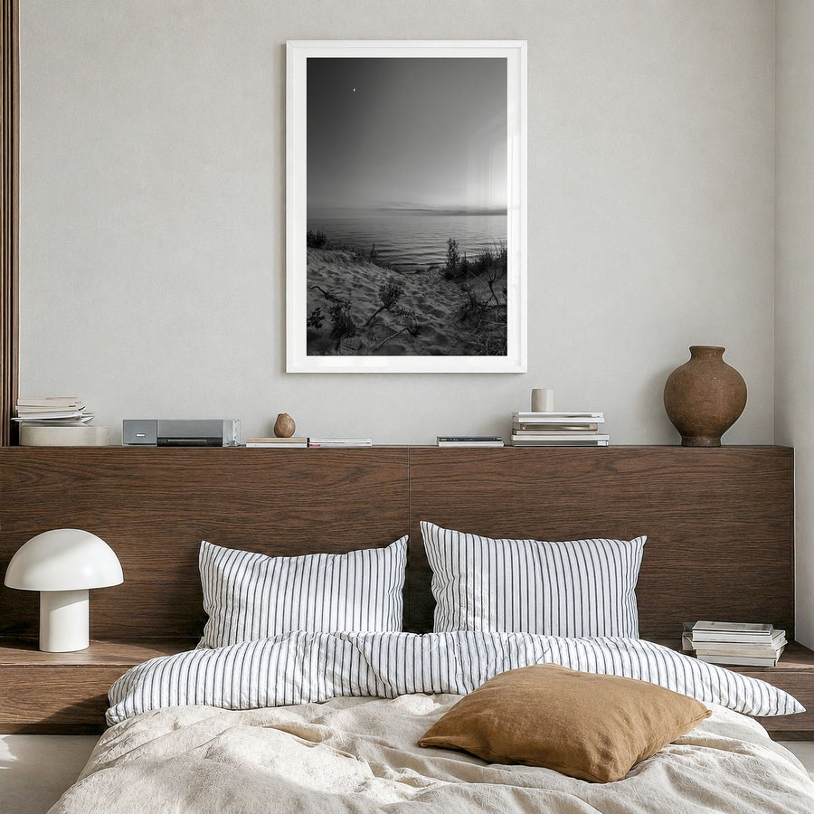 Lake Michigan Photo No 3 Poster in a white wood frame, hanging in a bedroom, white border