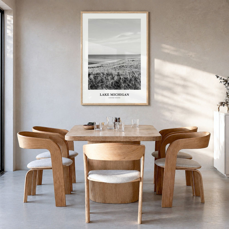 Lake Michigan Classic Poster in a natural wood frame, hanging in a dining room