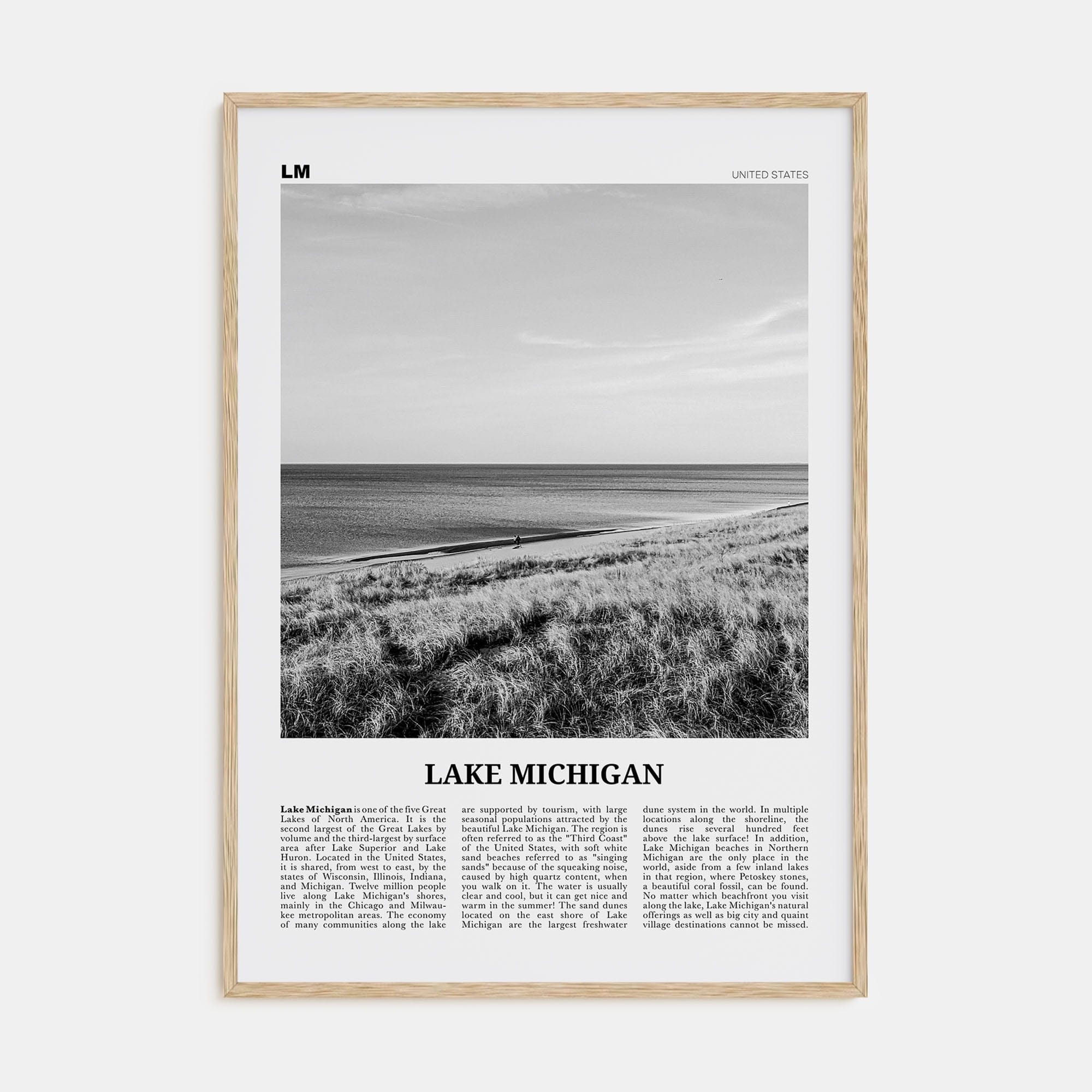 Lake Michigan Poster Natural Wood / 8x12 in Nbourhood Travel B&W Poster