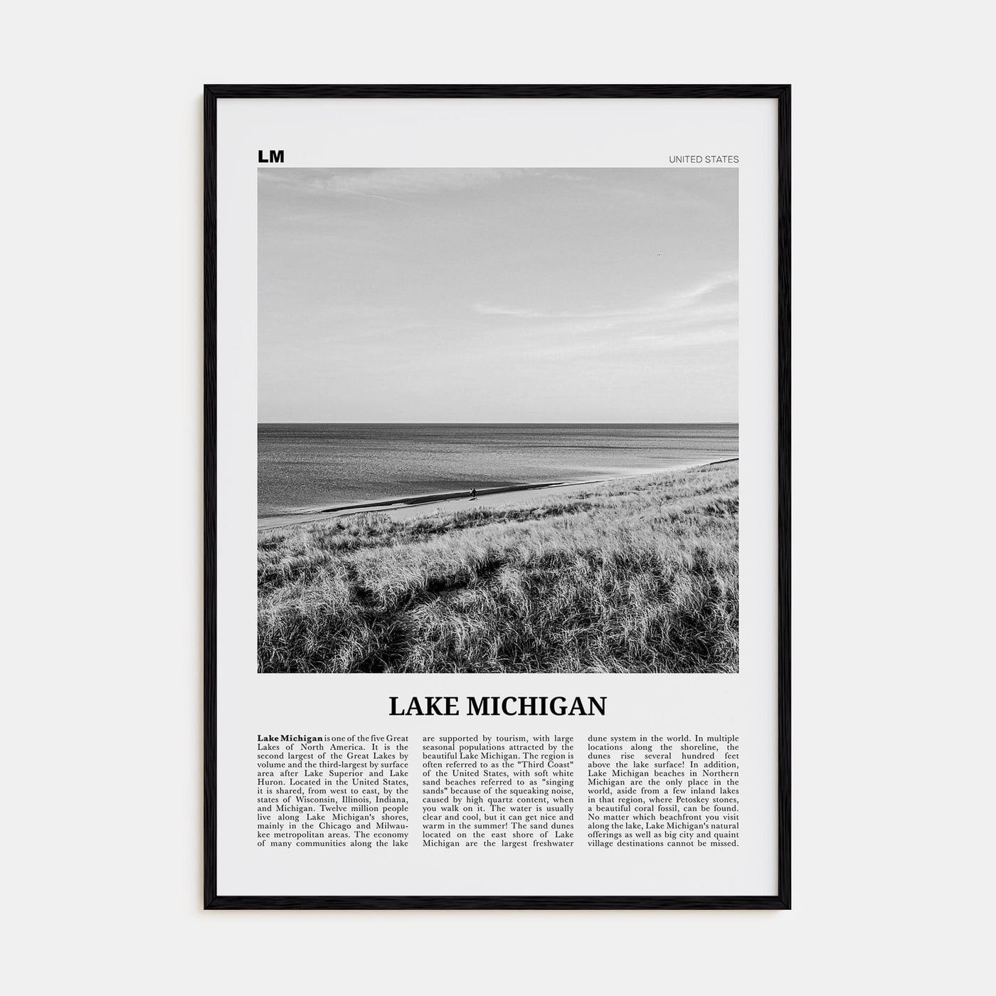 Lake Michigan Poster Black Wood / 8x12 in Nbourhood Travel B&W Poster