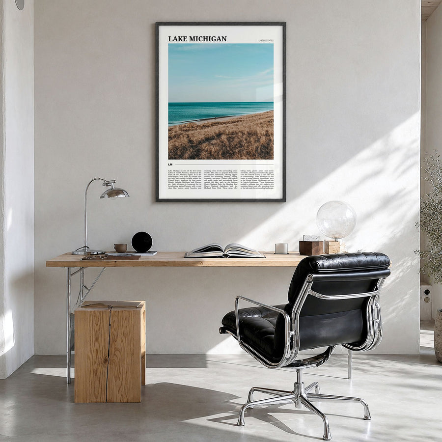 Lake Michigan Travel Poster in a black wood frame, hanging in a bright home office