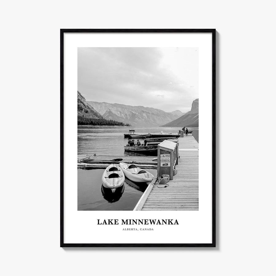 Lake Minnewanka black & white classic poster of Canada – vertical wall art, unframed print shown in interior mockup