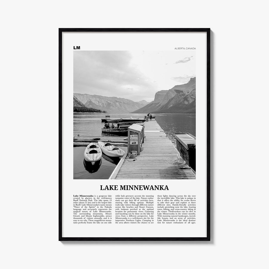 Lake Minnewanka black & white newspaper poster of Canada – vertical wall art, unframed print shown in interior mockup