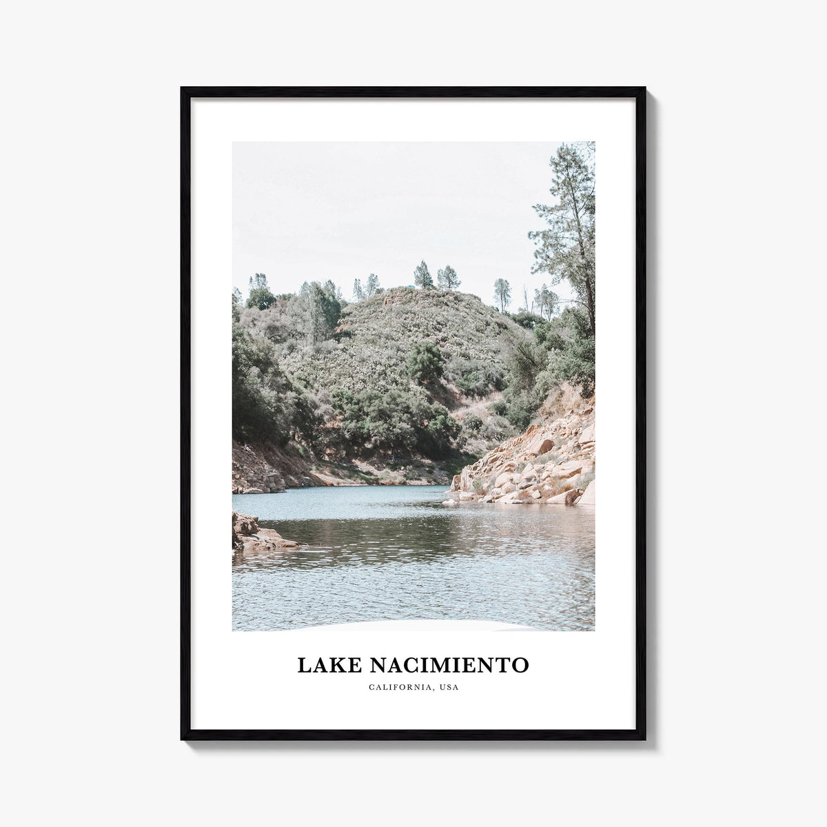 Lake Nacimiento colorful classic poster of California, USA – vertical wall art, unframed print shown in interior mockup