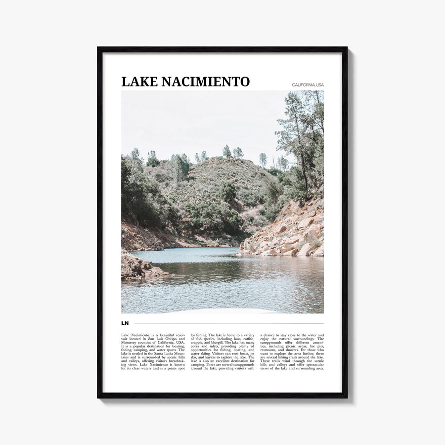 Lake Nacimiento colorful travel poster of California, USA – vertical wall art, unframed print shown in interior mockup