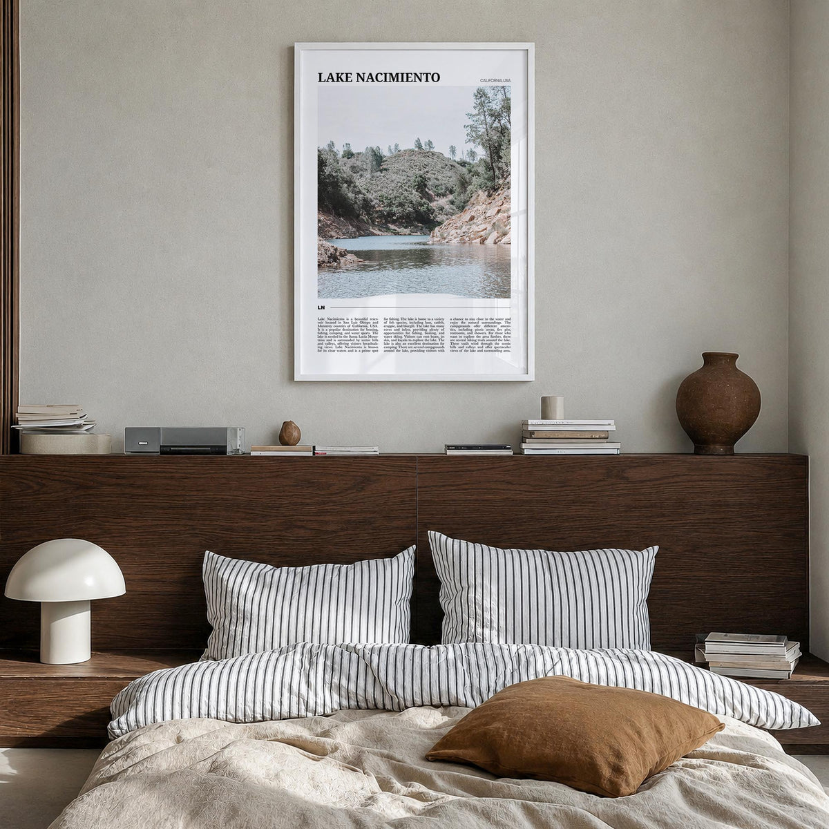 Lake Nacimiento colorful travel poster of California, USA – vertical wall art in white wood frame, hanging on wall