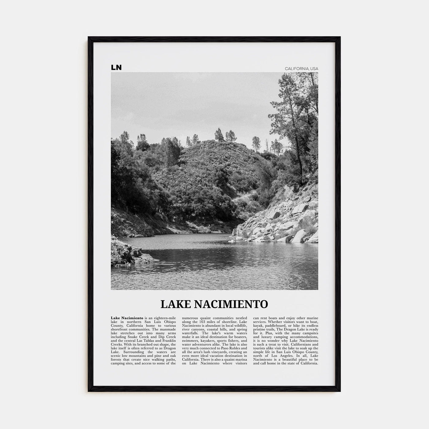 Lake Nacimiento Poster Black Wood / 8x12 in Nbourhood Travel B&W Poster