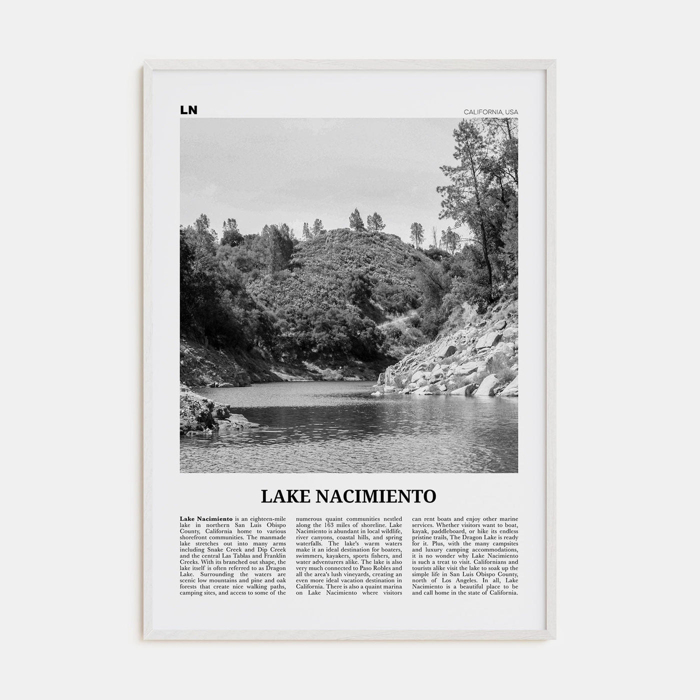 Lake Nacimiento Poster White Wood / 8x12 in Nbourhood Travel B&W Poster