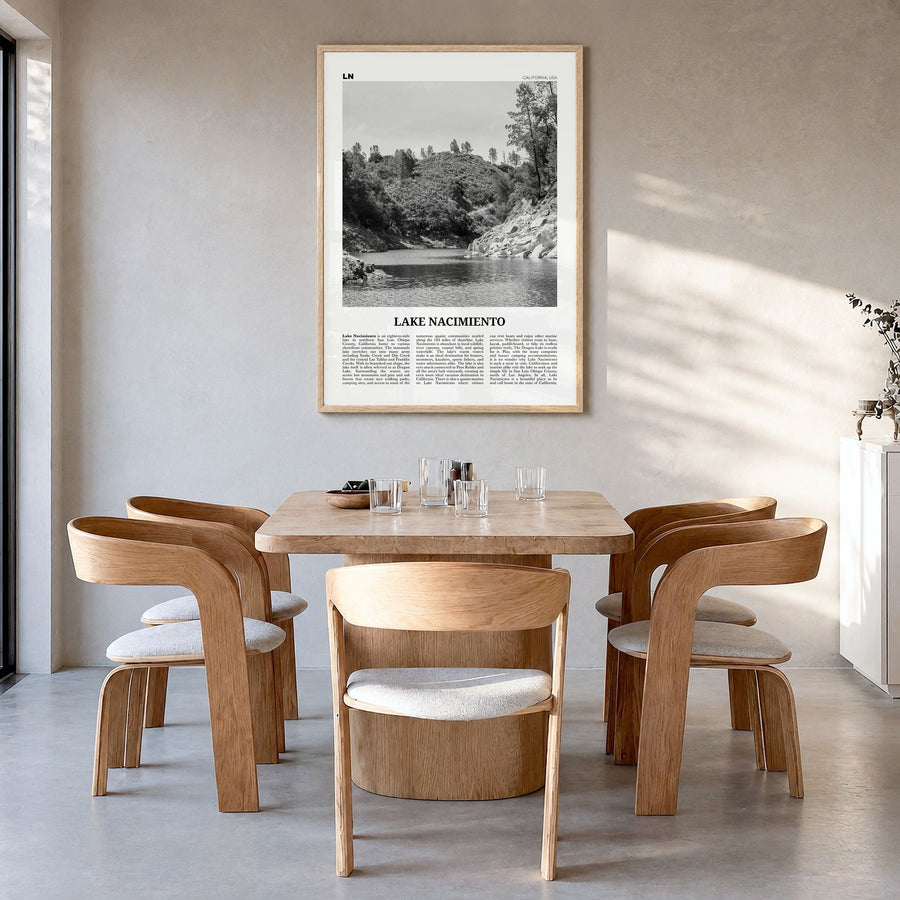 Lake Nacimiento Newspaper Poster in a natural wood frame, hanging in a dining room