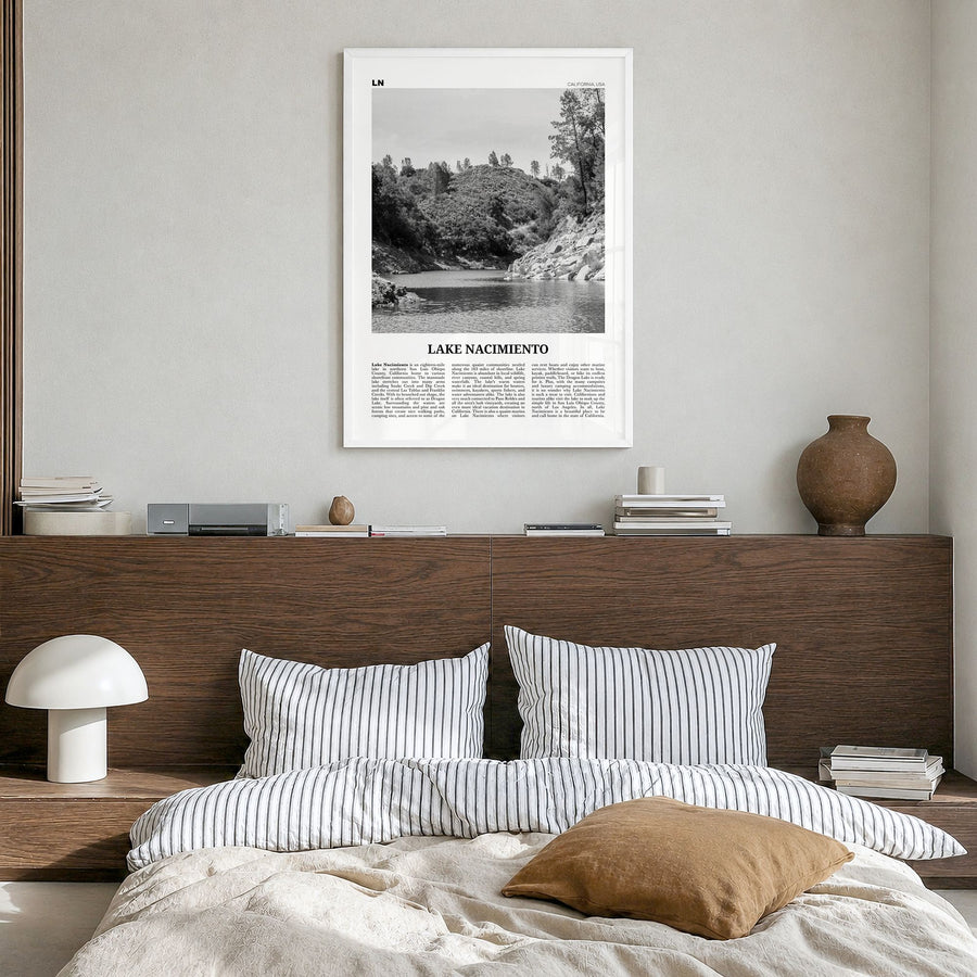 Lake Nacimiento Newspaper Poster in a white wood frame, hanging in a bedroom