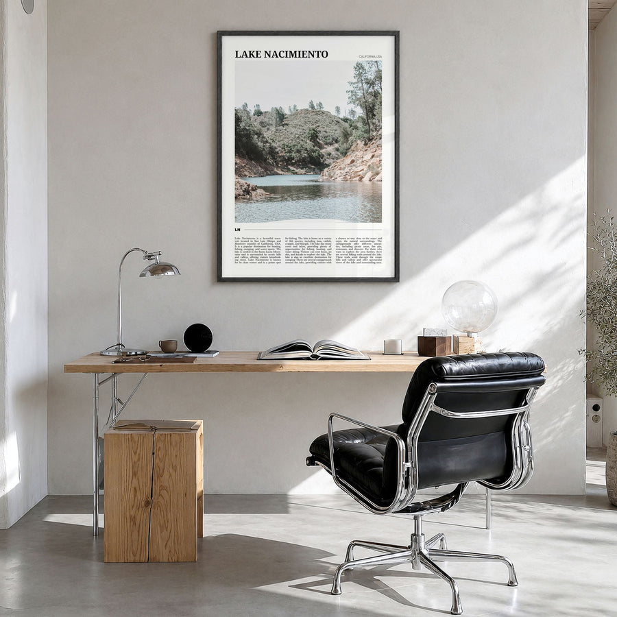 Lake Nacimiento Travel Poster in a black wood frame, hanging in a bright home office