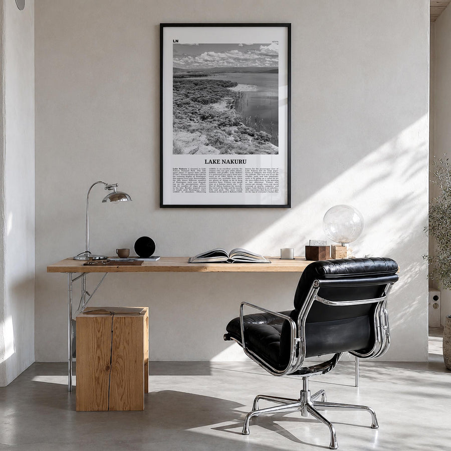 Lake Nakuru black & white newspaper poster of Kenya – vertical wall art in black wood frame, hanging on wall
