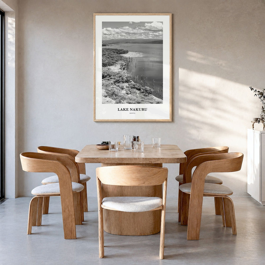 Lake Nakuru Classic Poster in a natural wood frame, hanging in a dining room