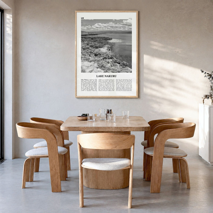 Lake Nakuru Newspaper Poster in a natural wood frame, hanging in a dining room