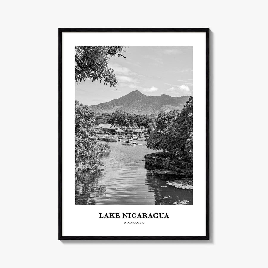 Lake Nicaragua black & white classic poster of Nicaragua – vertical wall art, unframed print shown in interior mockup