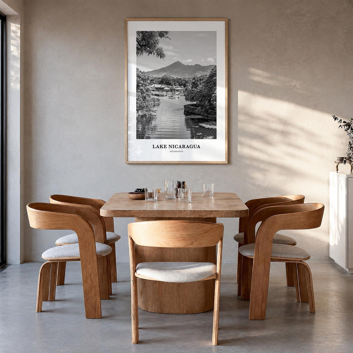 Lake Nicaragua black & white classic poster of Nicaragua – vertical wall art in natural wood frame, hanging on wall