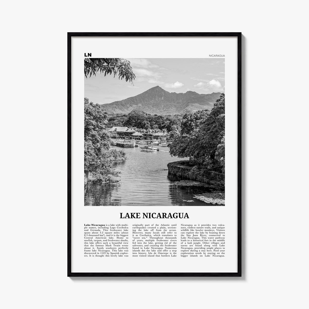 Lake Nicaragua black & white newspaper poster of Nicaragua – vertical wall art, unframed print shown in interior mockup