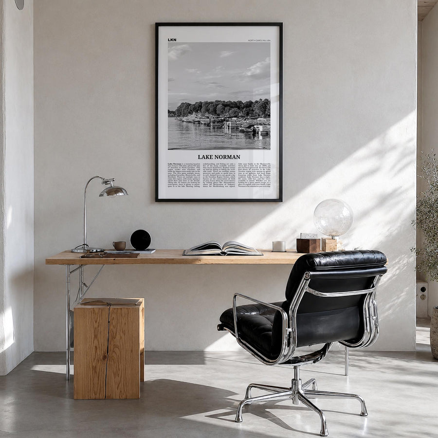 Lake Norman black & white newspaper poster of North Carolina, USA – vertical wall art in black wood frame, hanging on wall