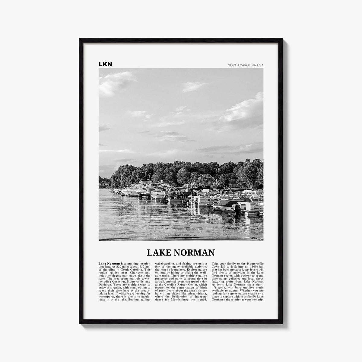 Lake Norman black & white newspaper poster of North Carolina, USA – vertical wall art, unframed print shown in interior mocku
