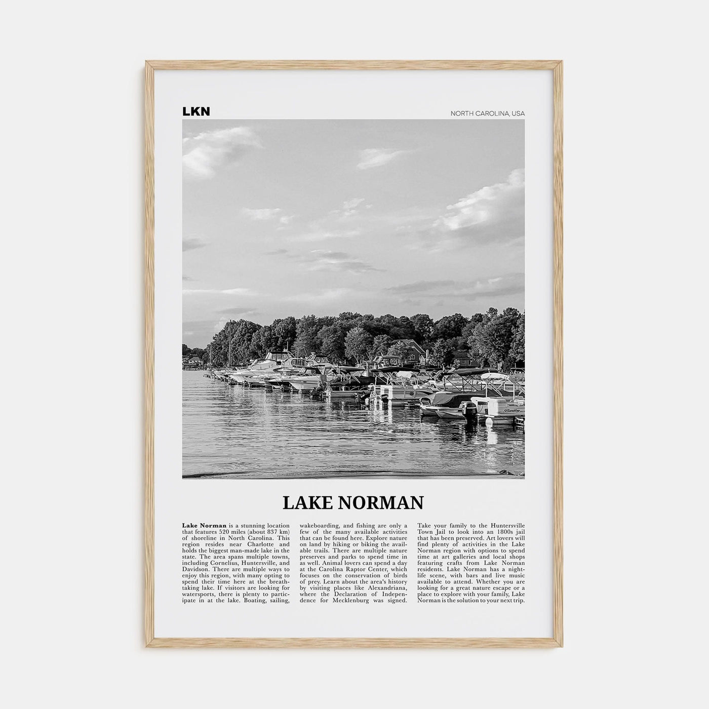 Lake Norman Poster Natural Wood / 8x12 in Nbourhood Travel B&W Poster