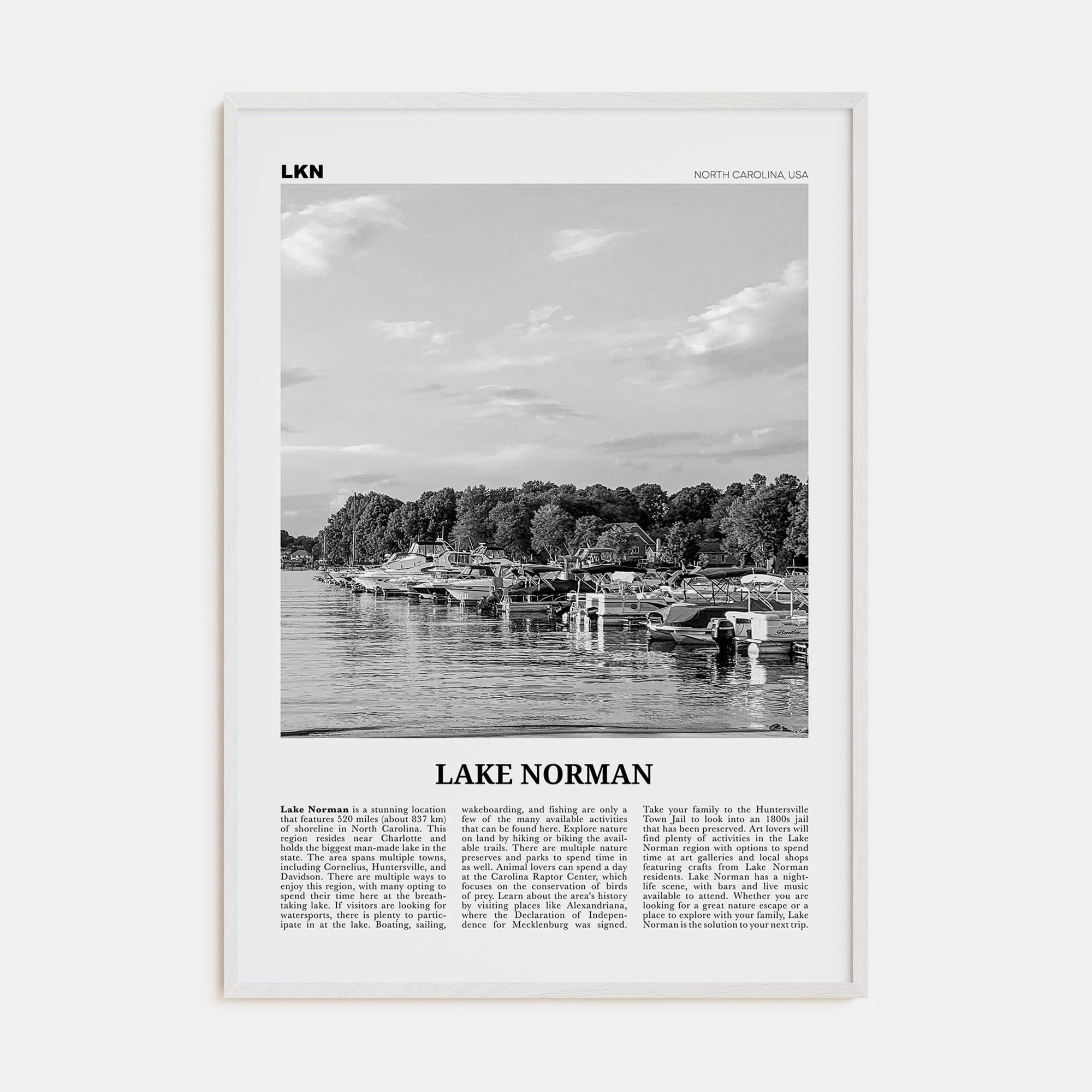 Lake Norman Poster White Wood / 8x12 in Nbourhood Travel B&W Poster