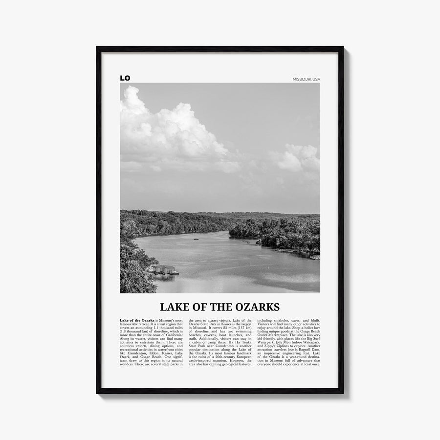 Lake of the Ozarks black & white newspaper poster of Missouri, USA – vertical wall art, unframed print shown in interior mock