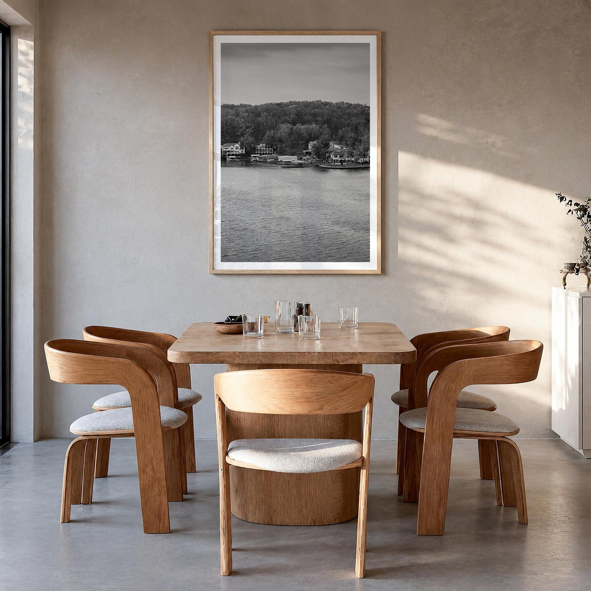 Lake of the Ozarks black & white photo poster of Missouri, USA – vertical wall art in natural wood frame with white border, h