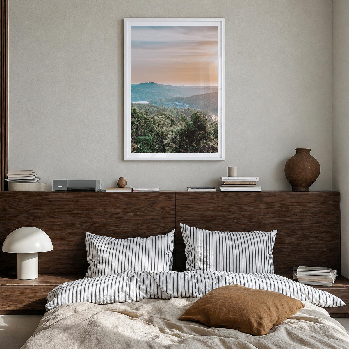 Lake of the Ozarks colorful photo poster of Missouri, USA – vertical wall art in white wood frame with white border, hanging 
