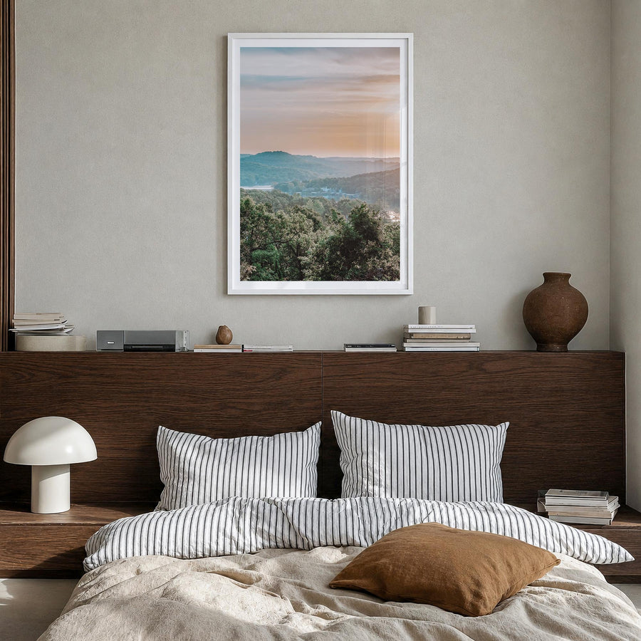Lake of the Ozarks colorful photo poster of Missouri, USA – vertical wall art in white wood frame with white border, hanging 