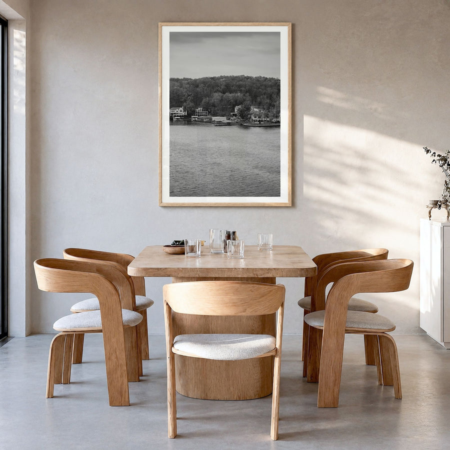Lake of the Ozarks Photo Poster in a natural wood frame, hanging in a dining room, white border