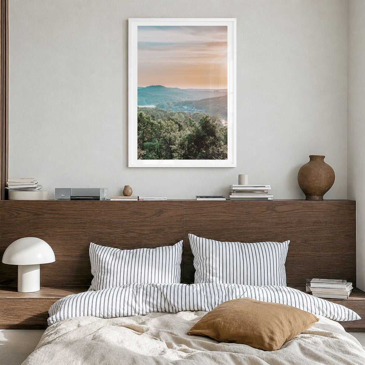 Lake of the Ozarks Photo Poster in a white wood frame, hanging in a bedroom, white border