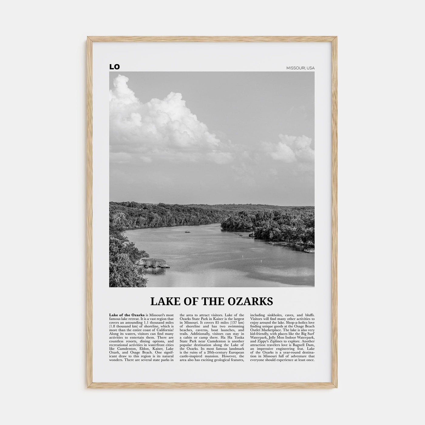 Lake of the Ozarks Poster Natural Wood / 8x12 in Nbourhood Travel B&W Poster