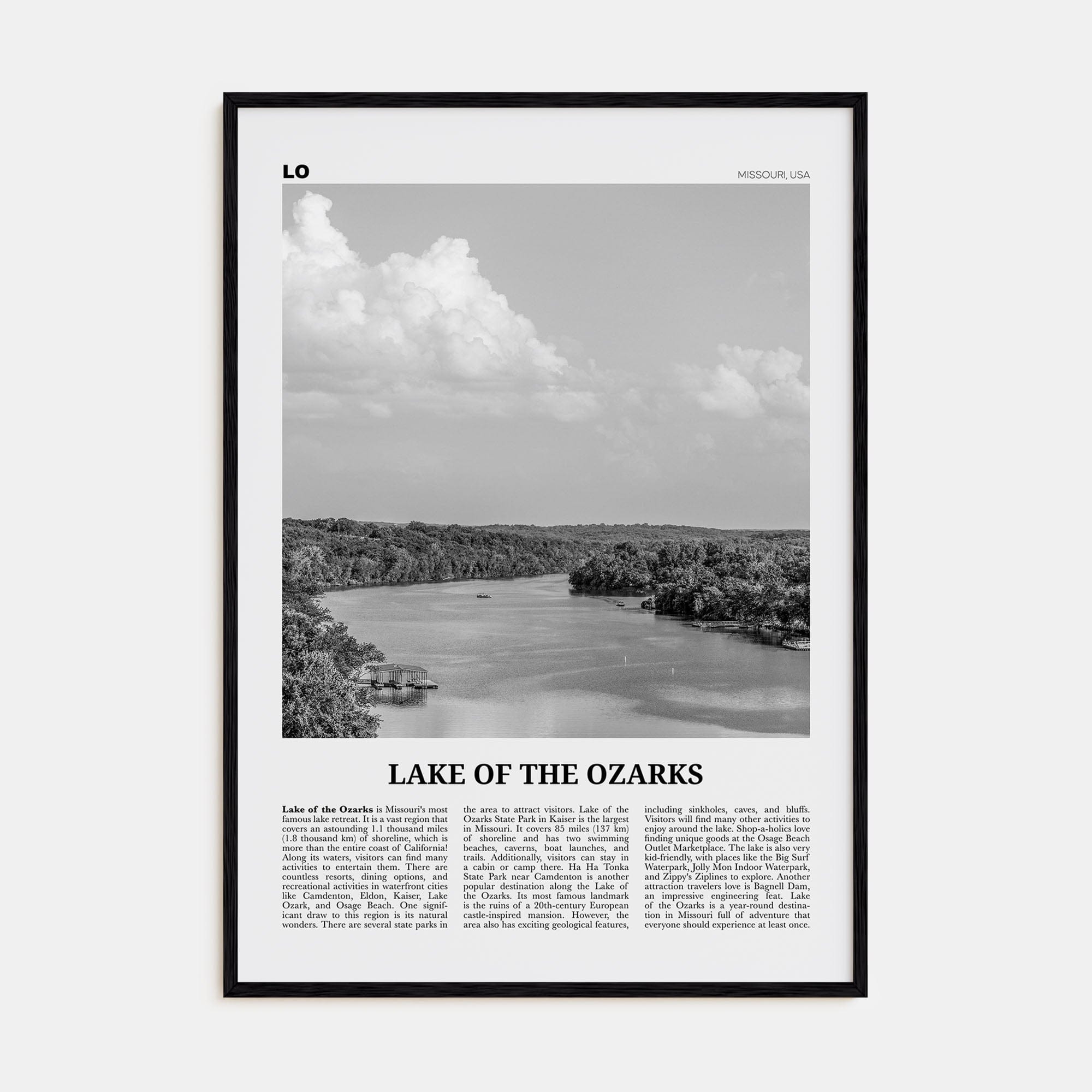 Lake of the Ozarks Poster Black Wood / 8x12 in Nbourhood Travel B&W Poster